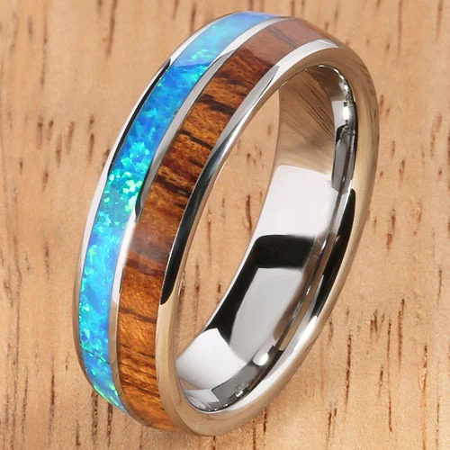 women's simple engagement ring-Koa Wood Opal Tungsten Two Tone Wedding Ring Half Wood/Opal 6mm Barrel Shape Hawaiian Ring