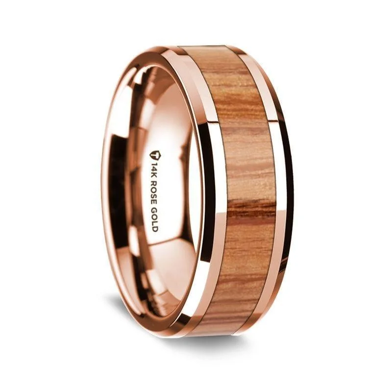 women's oversized engagement ring-14k Rose Gold Polished Beveled Edges Wedding Ring with Red Oak Wood Inlay - 8 mm