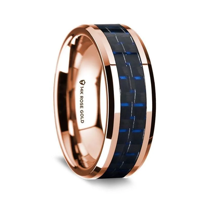 women's Edwardian engagement ring-14K Rose Gold Polished Beveled Edges Wedding Ring with Black and Dark Blue Carbon Fiber Inlay - 8 mm