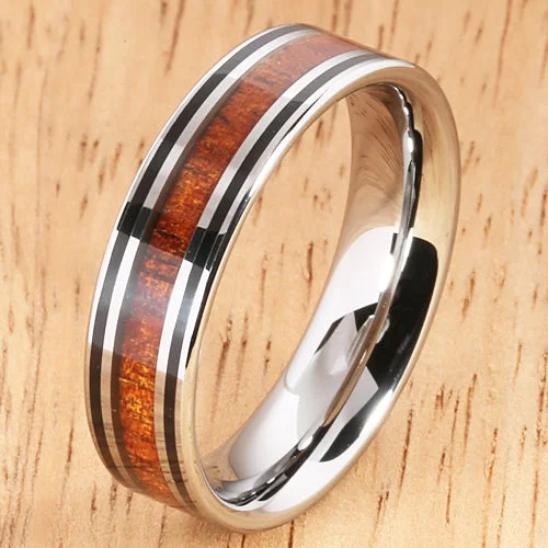 women's vintage engagement ring-6mm Natural Hawaiian Koa Wood Inlaid Tungsten Double Line Wedding Ring