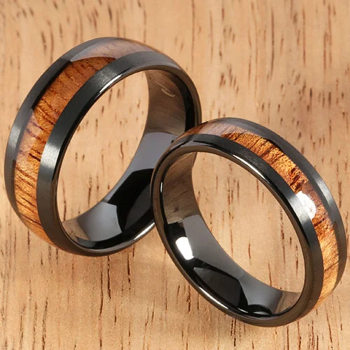 women's prong-setting engagement ring-Black Tungsten Natural Hawaiian Koa Wood Inlaid Mens Wedding Ring Barrel Shape 8mm/6mm Set