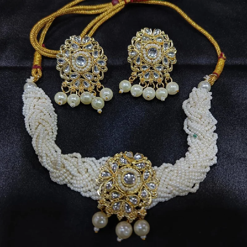 women's cushion cut necklace-Lalita Creation Gold Plated Kundan And Pearl Choker Necklace Set