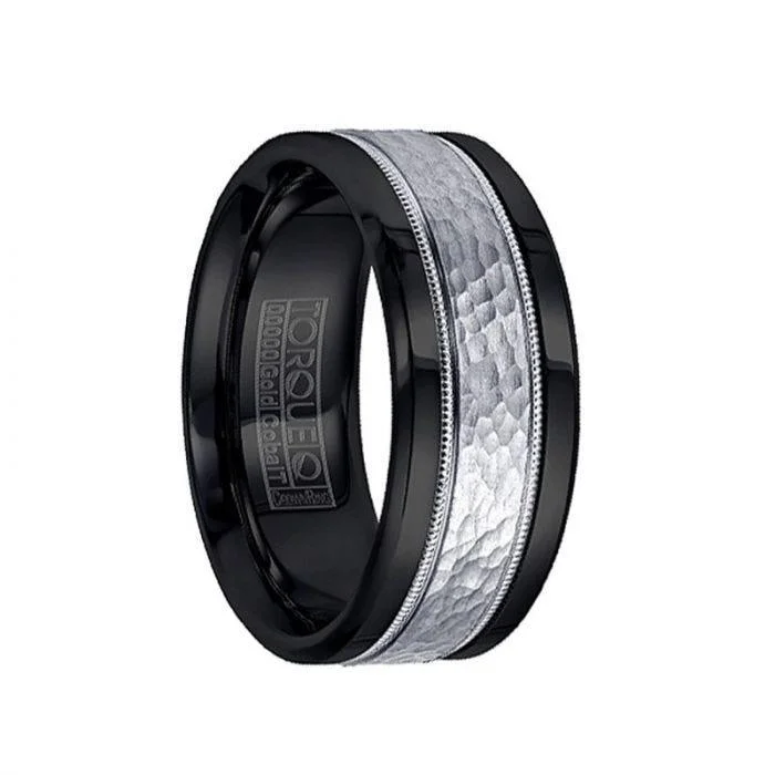 women's promise engagement ring-Black Cobalt Men’s Wedding Ring with Hammered 14k White Gold Inlay - 9mm