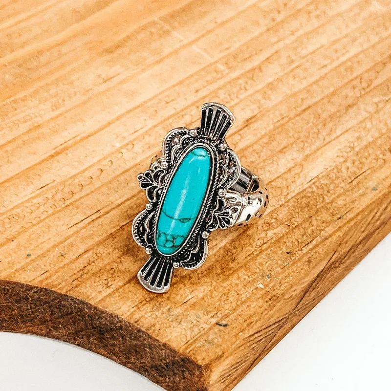 women's classic ring-Western Oval Silver Tone Stretch Ring in Turquoise