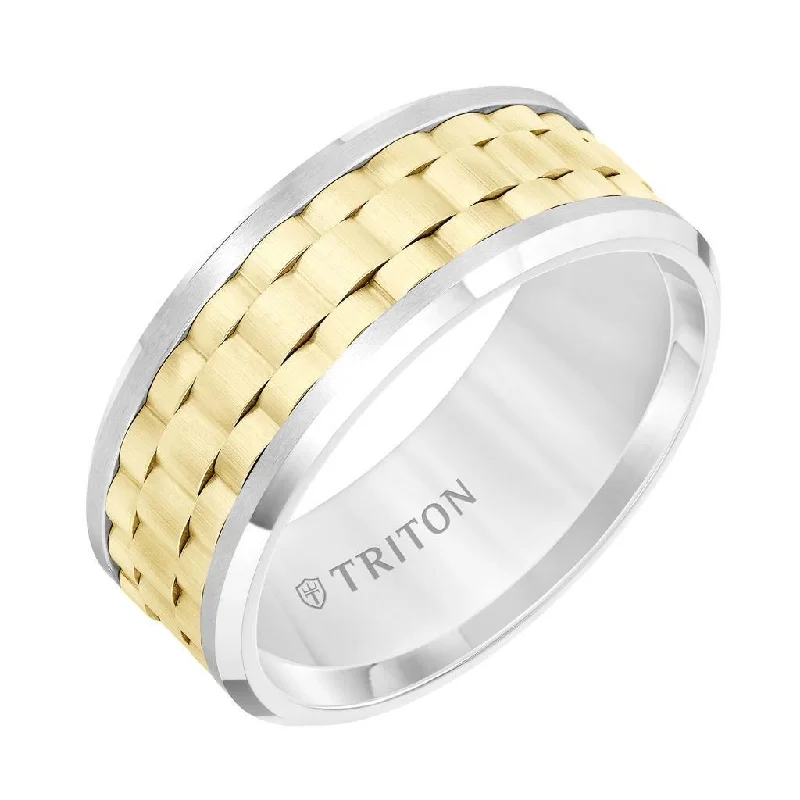 women's halo engagement ring-ELIO White Tungsten Carbide Wedding Ring with Yellow Basket Weave Center & Polished  Beveled Edges by Triton Rings - 9mm