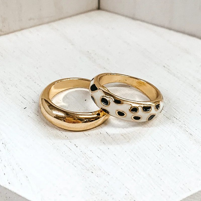 women's antique ring-Set of 2 | Thick Gold Tone Ring Set Cheetah Print in Ivory