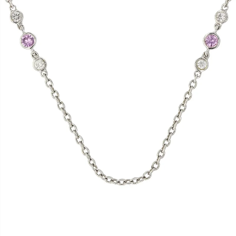 women's locket necklace-Diamond and Pink Sapphire Station Necklace