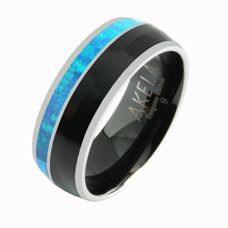 women's snake engagement ring-Tungsten Blue Opal and Onyx Inlaid Wedding Ring Barrel 8mm