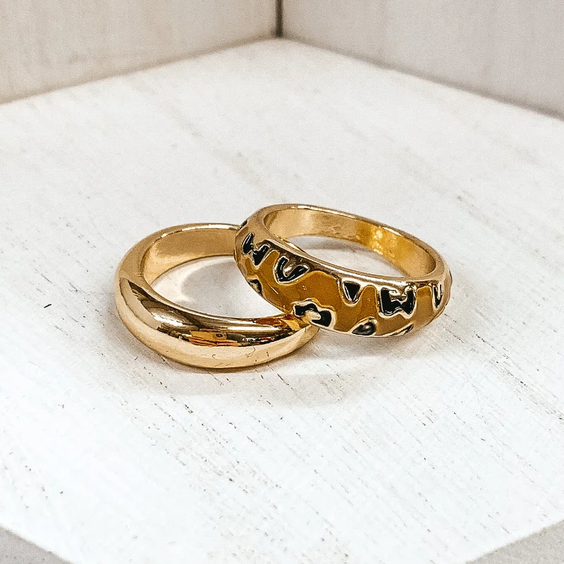 women's three-stone ring-Set of 2 | Thick Gold Tone Ring Set Leopard Print in Tan