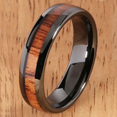 women's amethyst engagement ring-6mm Natural Hawaiian Koa Wood Inlaid High Tech Black Ceramic Oval Wedding Ring