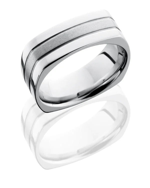 women's budget-friendly ring-Lashbrook Cobalt Chrome Flat Euro Square Band, 8MM Wide with Two .5mm Grooves and Bead Blast and Polished Finishes, CC8FSQ2.5