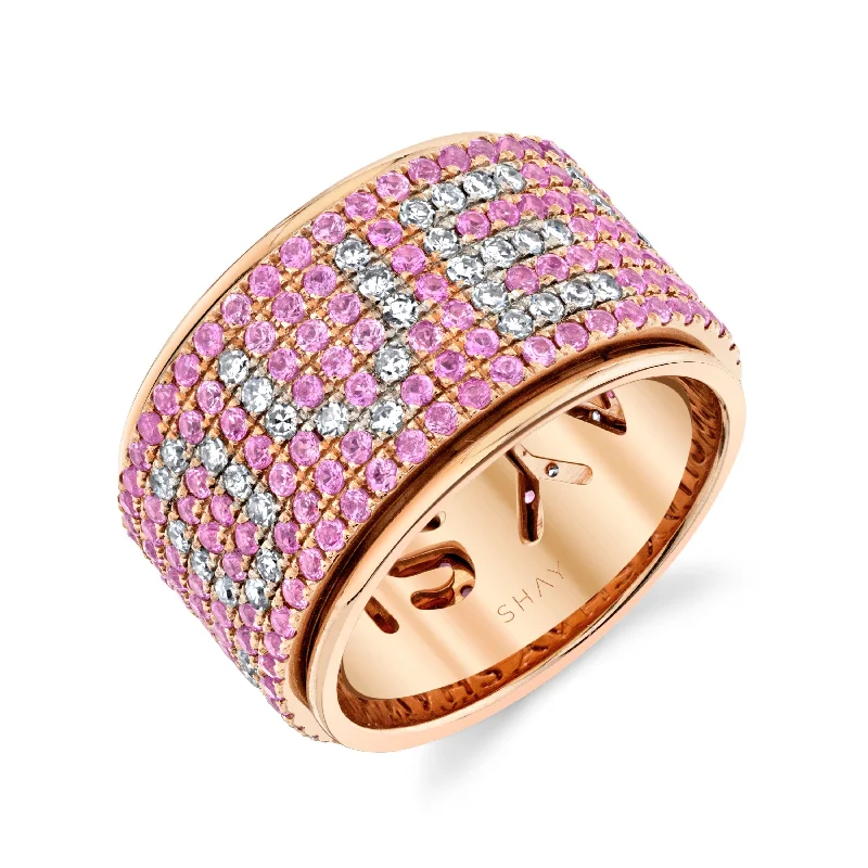 women's twisted ring-READY TO SHIP DIAMOND & PINK SAPPHIRE "I LOVE YOU" SPINNER RING