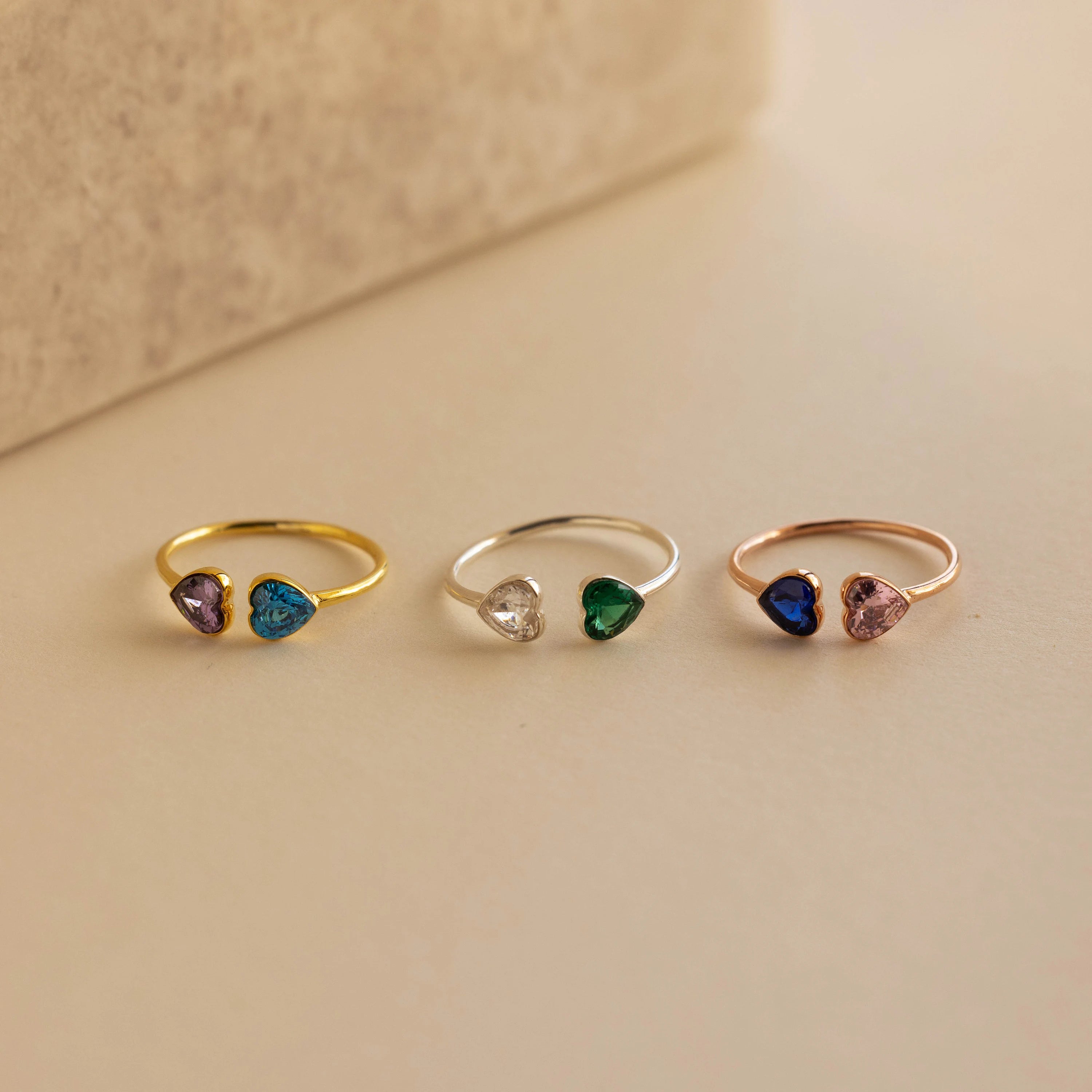 women's spiritual ring-Duo Heart Birthstone Ring