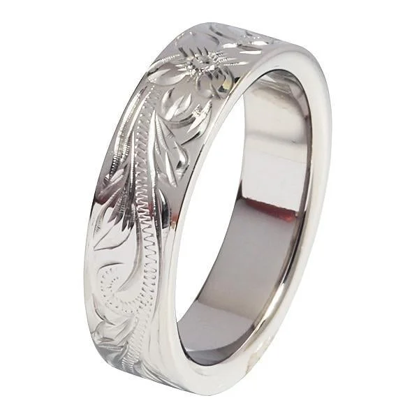 women's affordable engagement ring-Titanium Hawaiian Scroll Engraved Flat Wedding Ring 6mm