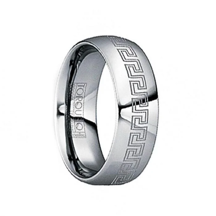 women's moon engagement ring-FULVIUS Tungsten Wedding Ring with Engraved Greek Key Motif & Polished Finish - 8mm