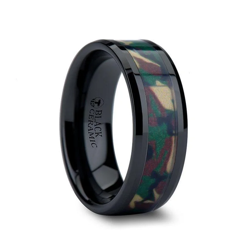 women's butterfly engagement ring-RANGER Beveled Black Ceramic Wedding Ring with Real Military Style Jungle Camo - 6mm - 10mm