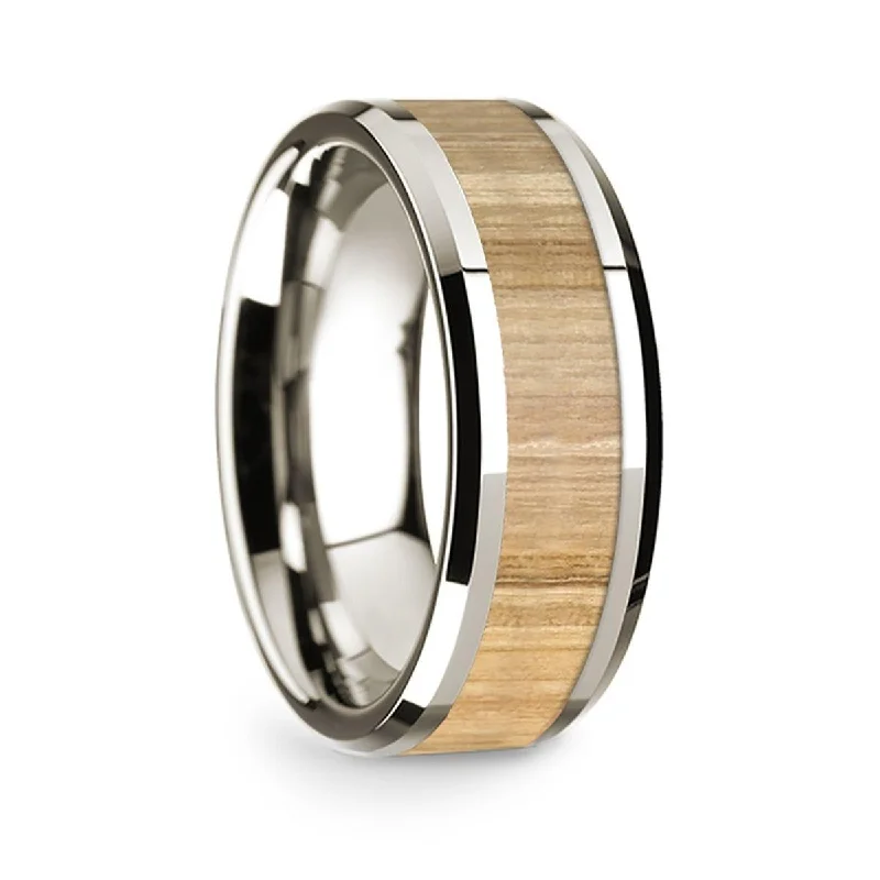 women's promise engagement ring-14k White Gold Polished Beveled Edges Wedding Ring with Ash Wood Inlay - 8 mm