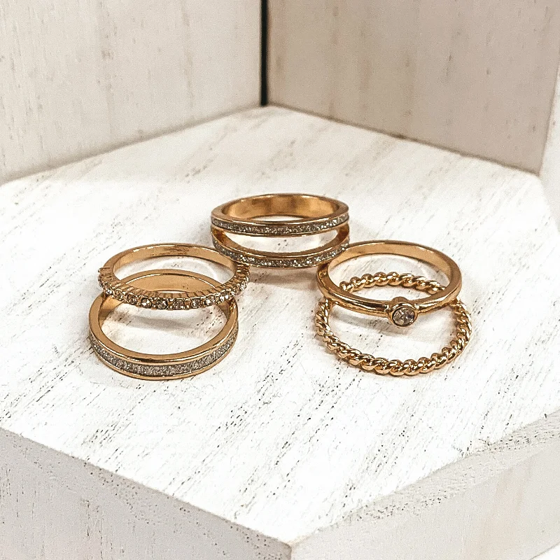 women's double band ring-Set of 5 | Crystalized Ring Set in Gold Tone