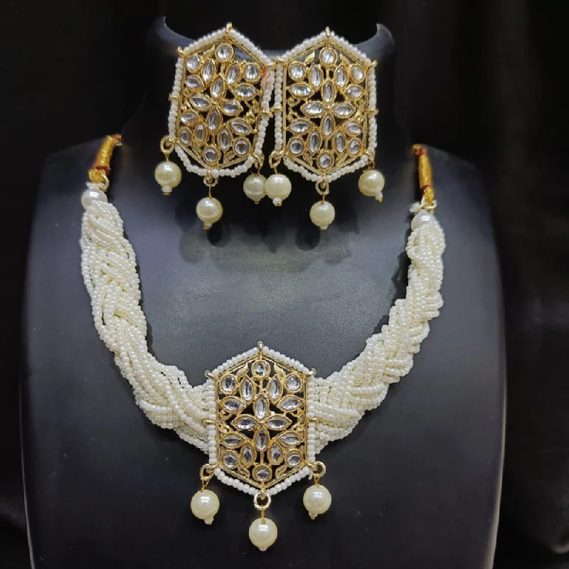 women's pear-shaped necklace-Lalita Creation Gold Plated Kundan And Pearl Choker Necklace Set