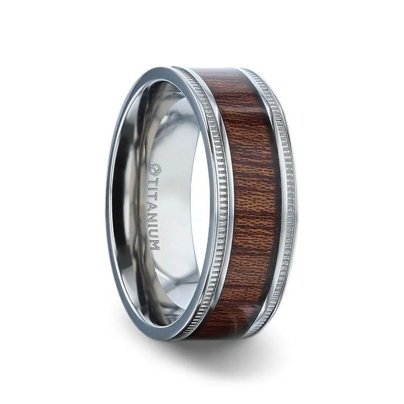 women's dragon engagement ring-MOCHA Koa Wood Inlaid Titanium Men's Wedding Ring With Polished Milgrain Edges - 8mm