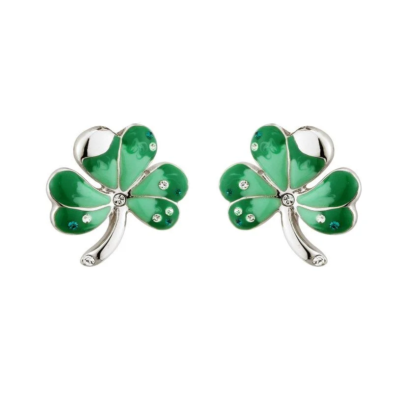 women's heart ring-Solvar Rhodium Enamel & Crystal Shamrock Studs S3101