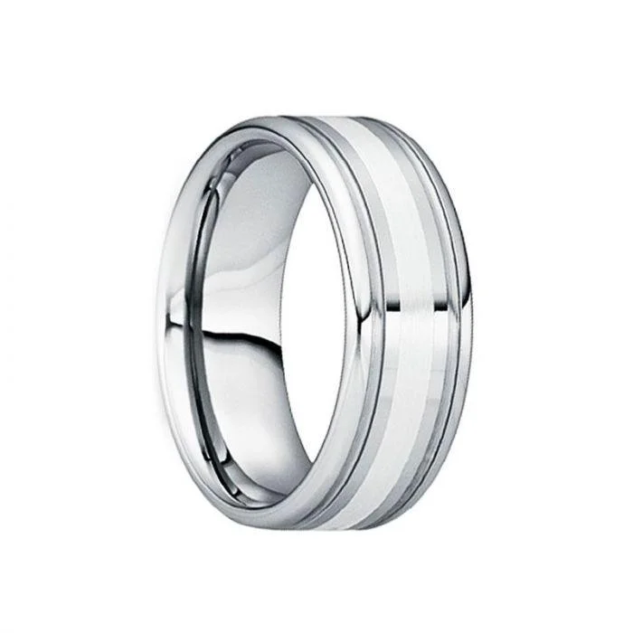 women's bezel-setting engagement ring-VALENS Polished Silver Inlaid Tungsten Wedding Ring with Dual Grooves - 8mm