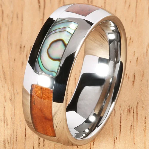 women's diamond engagement ring-8mm Natural Hawaiian Koa Wood and Abalone Inlaid Tungsten Block Wedding Ring