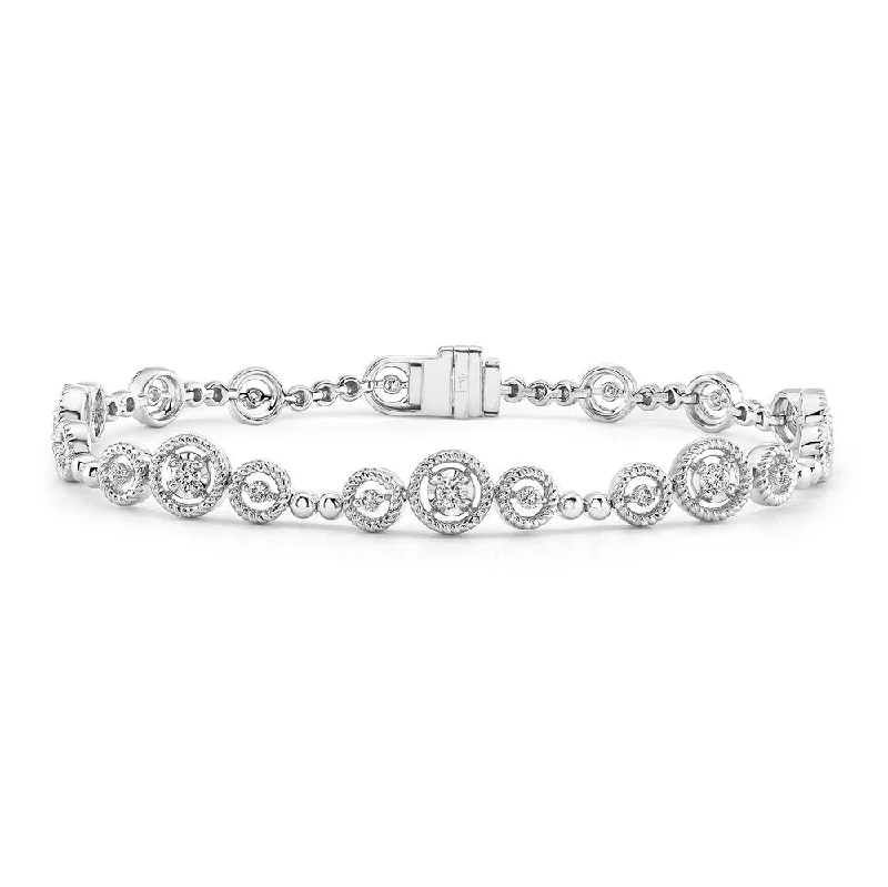 women's wedding necklace-Uneek Mixed-Size Round Diamond Bracelet with Rope Milgrain Floating Halo Details