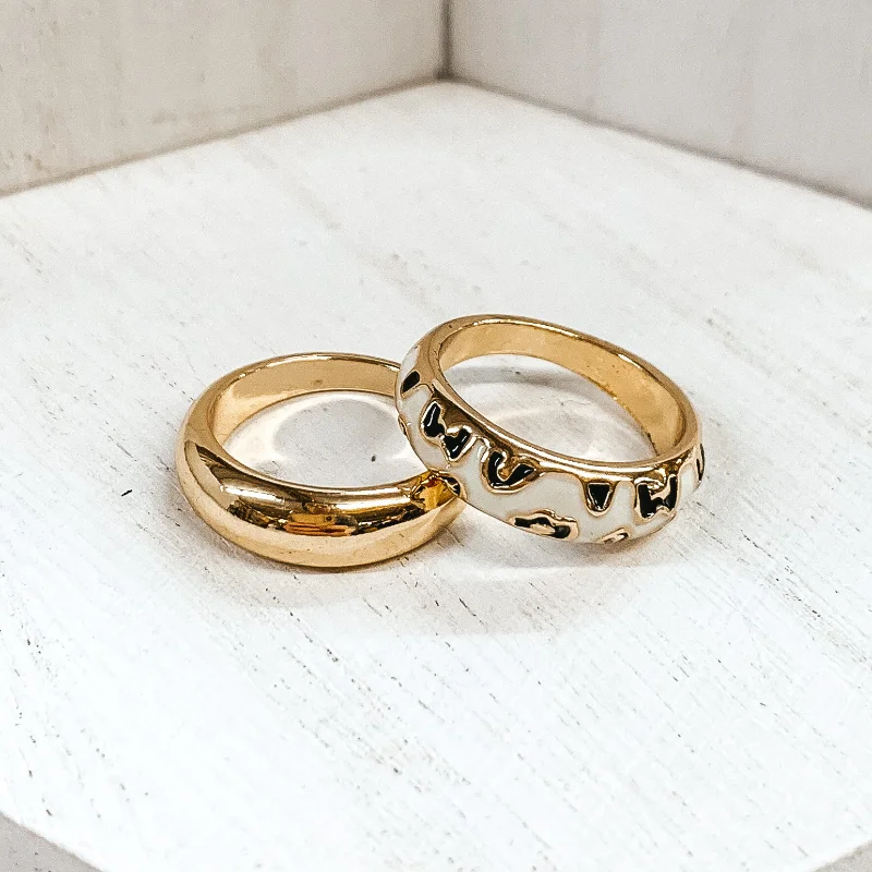 women's fashion ring-Set of 2 | Thick Gold Tone Ring Set Leopard Print in Ivory