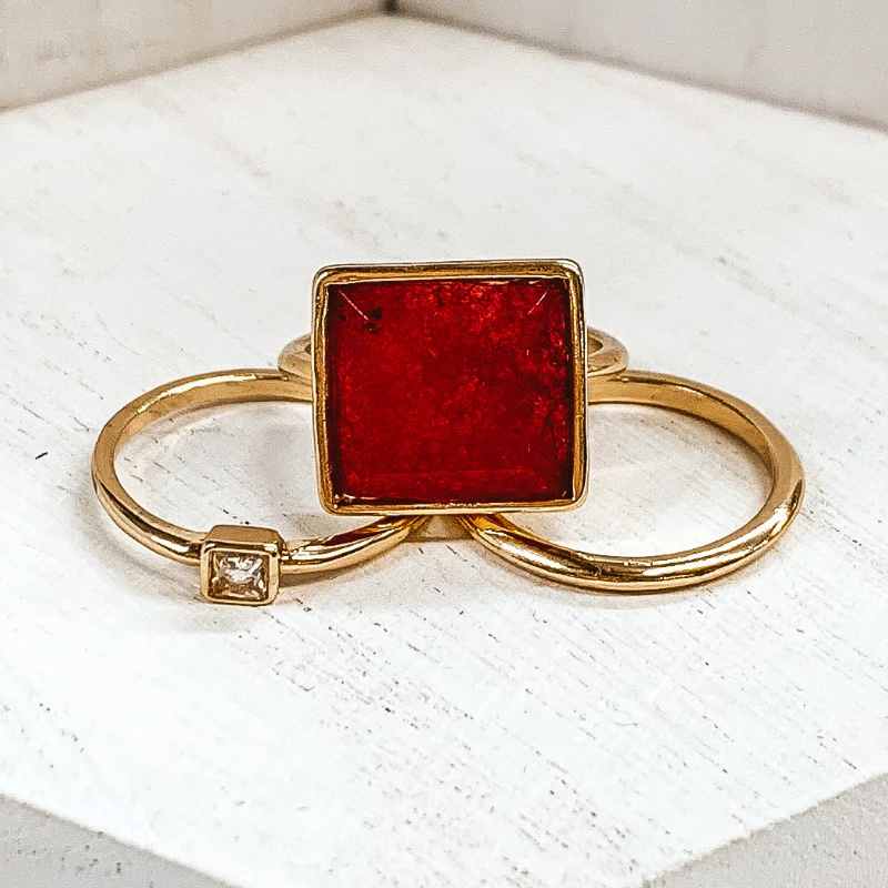 women's gothic ring-Set of 3 | Square Pendant Gold Tone Ring Set in Maroon