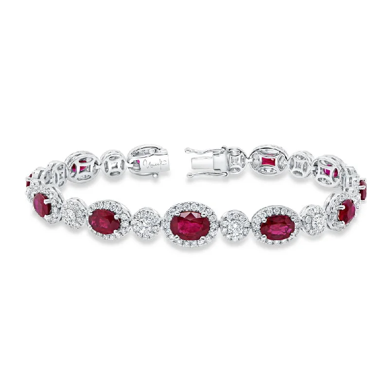 women's birthday gift necklace-Uneek Precious Collection Halo Oval Shaped Ruby Tennis Bracelet