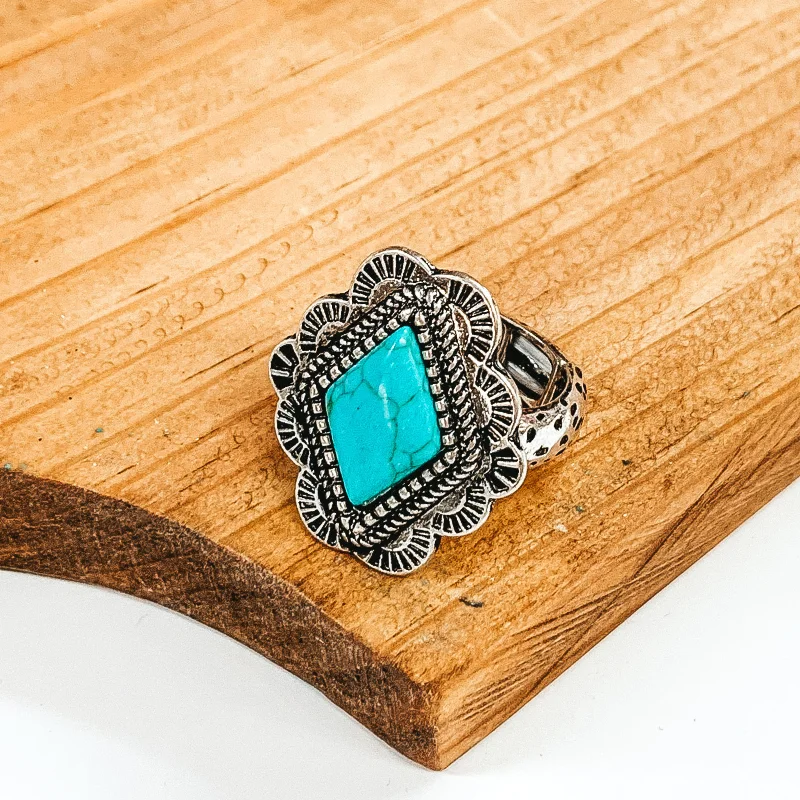 women's simple ring-Western Diamond Silver Tone Stretch Ring in Turquoise