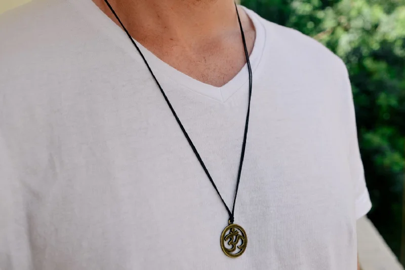 women's birthday gift necklace-Men's necklace with a bronze Om pendant, black cord, yoga jewelry for man, handmade, gift wrapped