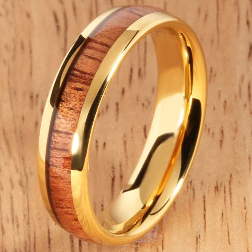 women's statement engagement ring-Yellow Gold Tungsten Natural Hawaiian Koa Wood Inlay Tungsten Dome Wedding Ring 6mm