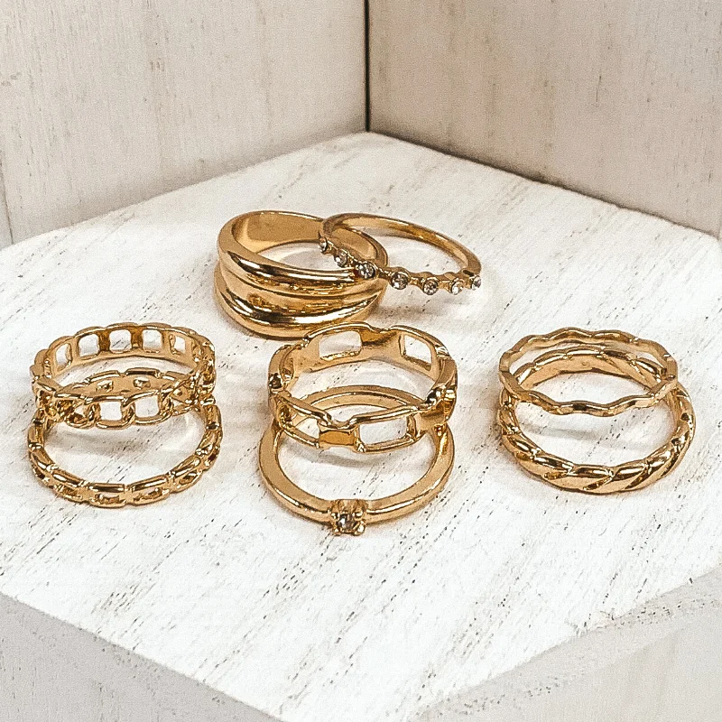 women's thick band ring-Set of 8 | Classic Chain and Crystal Ring Set in Gold Tone