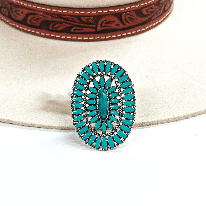 women's affordable ring-Oval Faux Turquoise Stone Cluster Ring in Silver Tone