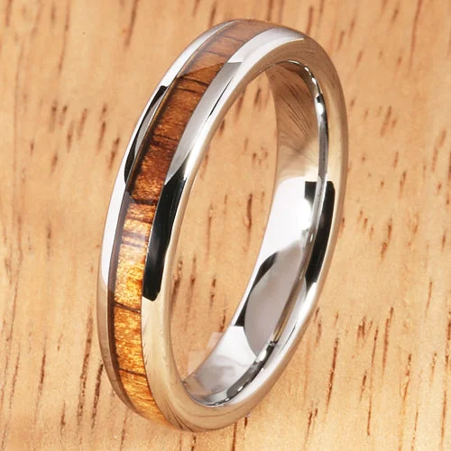 women's white gold engagement ring-4mm Natural Hawaiian Koa Wood Inlaid Tungsten Oval Wedding Ring