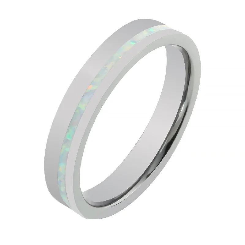 women's conflict-free engagement ring-Tantalum with White Opal Inlaid Wedding Ring Flat 4mm