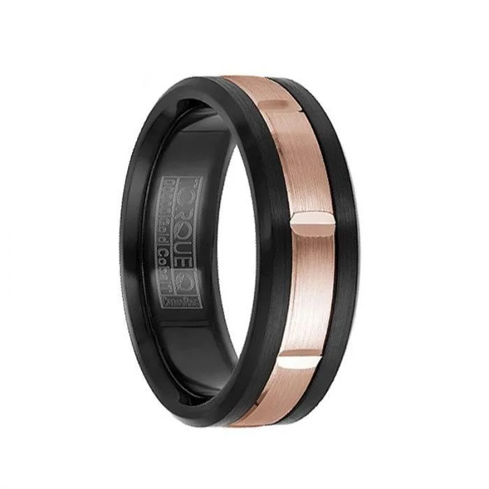 women's engraved engagement ring-Brushed Black Cobalt & 14k Rose Gold Inlaid with Cuts Men’s Wedding Ring - 7.5mm