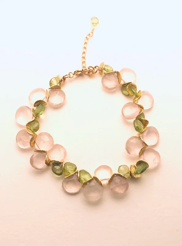 women's double chain necklace-Signature Rose Quartz with Peridot Gold Bracelet