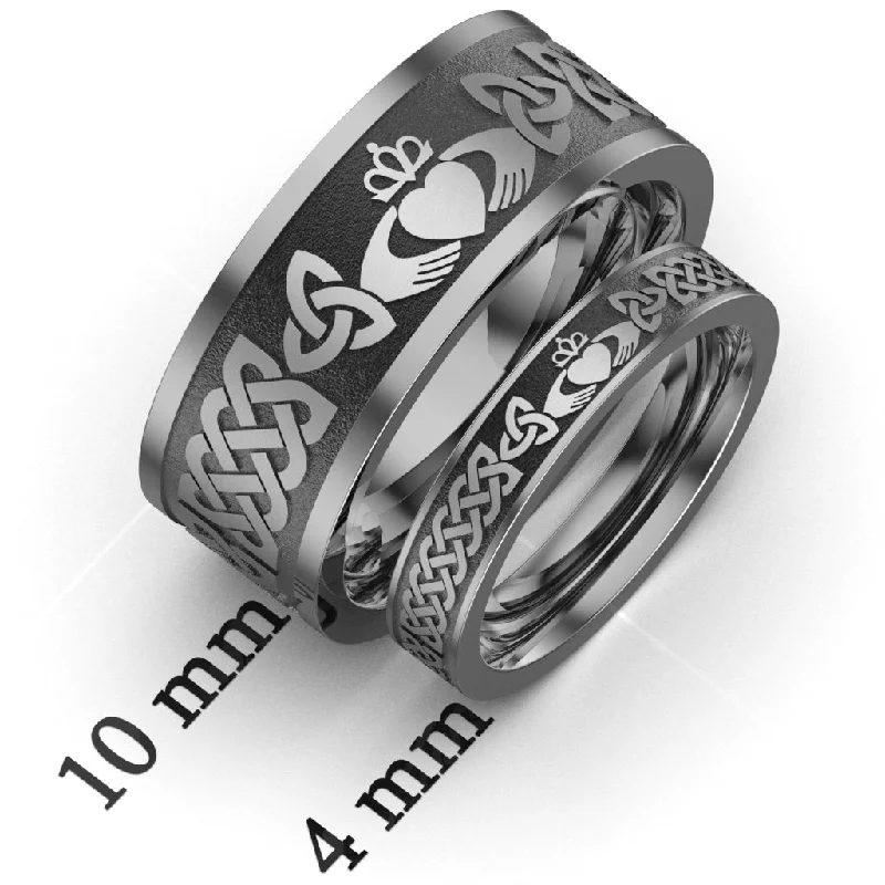 women's simple engagement ring-Titanium Claddagh Wedding Ring Set 1 - UCL1-10M4M-TITAN-FLAT