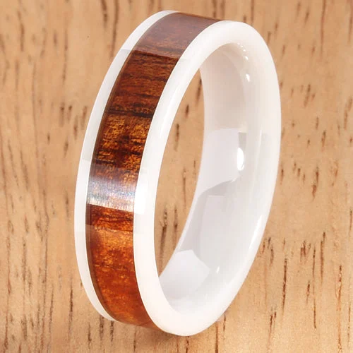 women's cushion-cut engagement ring-6mm Natural Hawaiian Koa Wood Inlaid High Tech White Ceramic Flat Wedding Ring