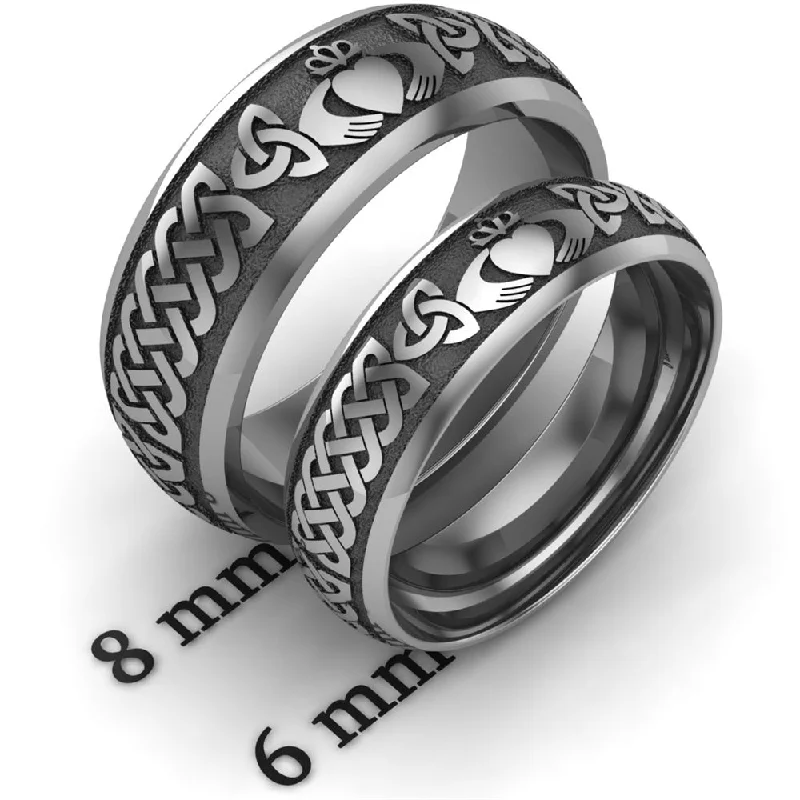 women's gothic engagement ring-Titanium Claddagh Wedding Ring Set 1 - 8mm-6mm