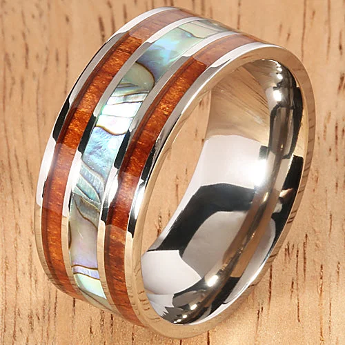 women's filigree engagement ring-Koa Wood Abalone Titanium Wedding Ring Mens Ring 10mm