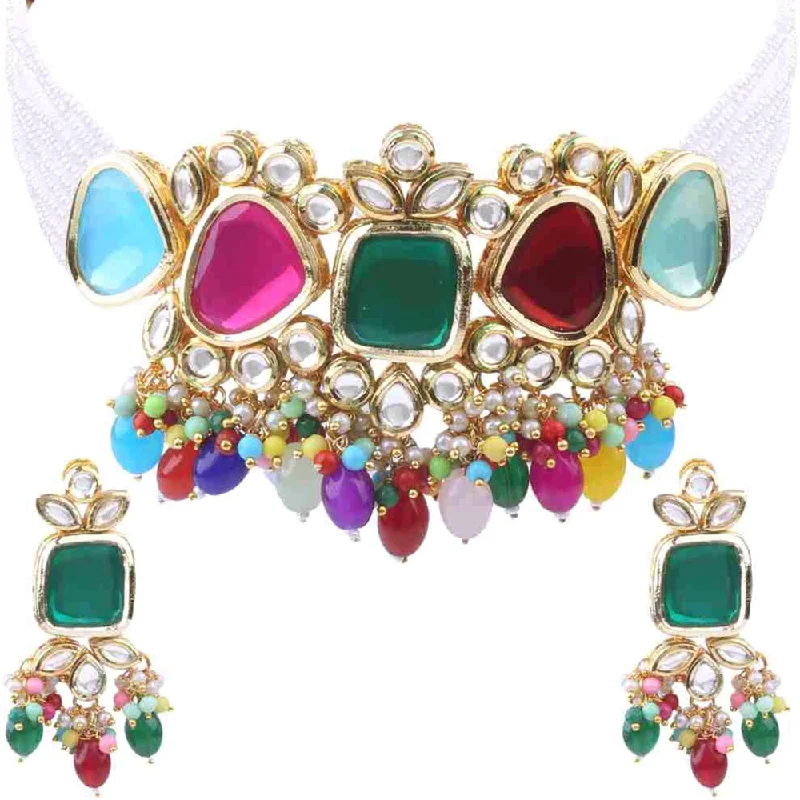 women's marquise necklace-Gehana Mahal Gold Plated Kundan And Beads Choker Necklace Set