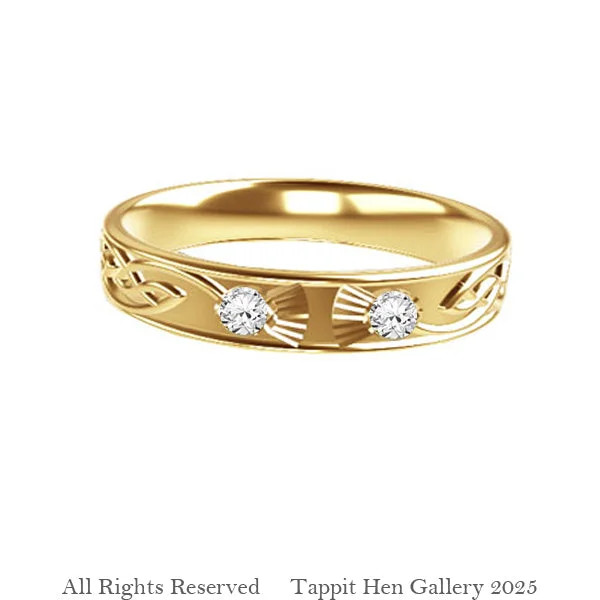 women's royal engagement ring-Celtic Thistle Flow Diamond Torque Wedding Ring in 9ct Yellow Gold