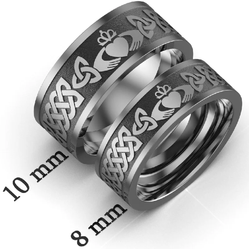 women's statement engagement ring-Titanium Claddagh Wedding Ring Set 1 - UCL1-10M8M-TITAN-FLAT