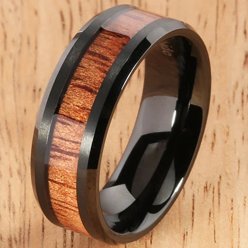 women's wedding set engagement ring-8mm Natural Hawaiian Koa Wood Inlaid Tungsten Beveled Edge Wedding Ring Iron Plated Black