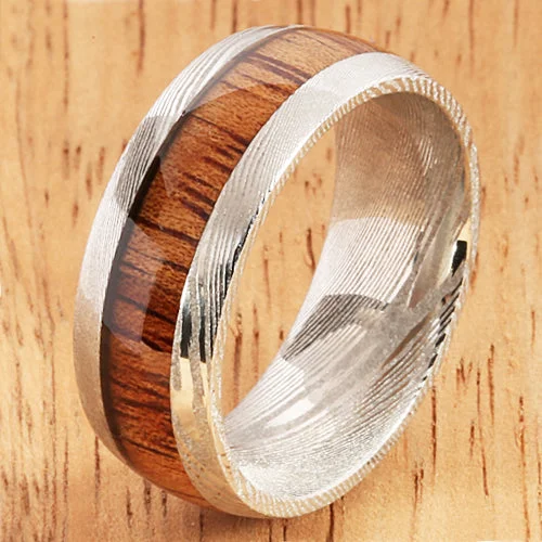 women's alternative engagement ring-Koa Wood Inlay Damascus Wedding Ring 8mm