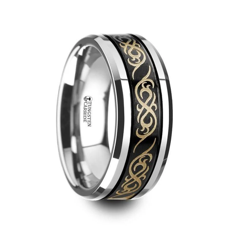 women's platinum engagement ring-RAIZEN Tungsten Carbide Wedding Ring with Dual Offset Grooves and Laser Engraved Celtic Pattern Polished and Beveled Edges - 8mm